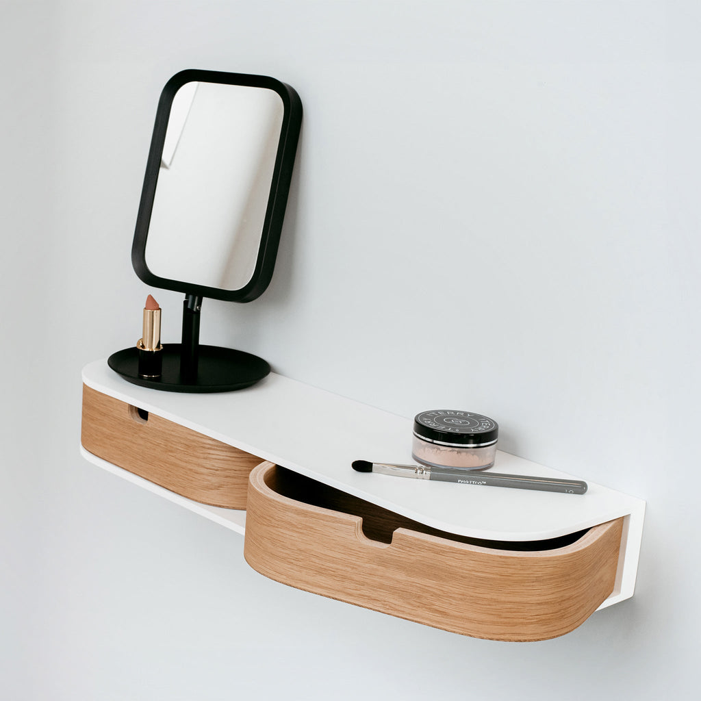 Floating shelf with two drawers, oak and white