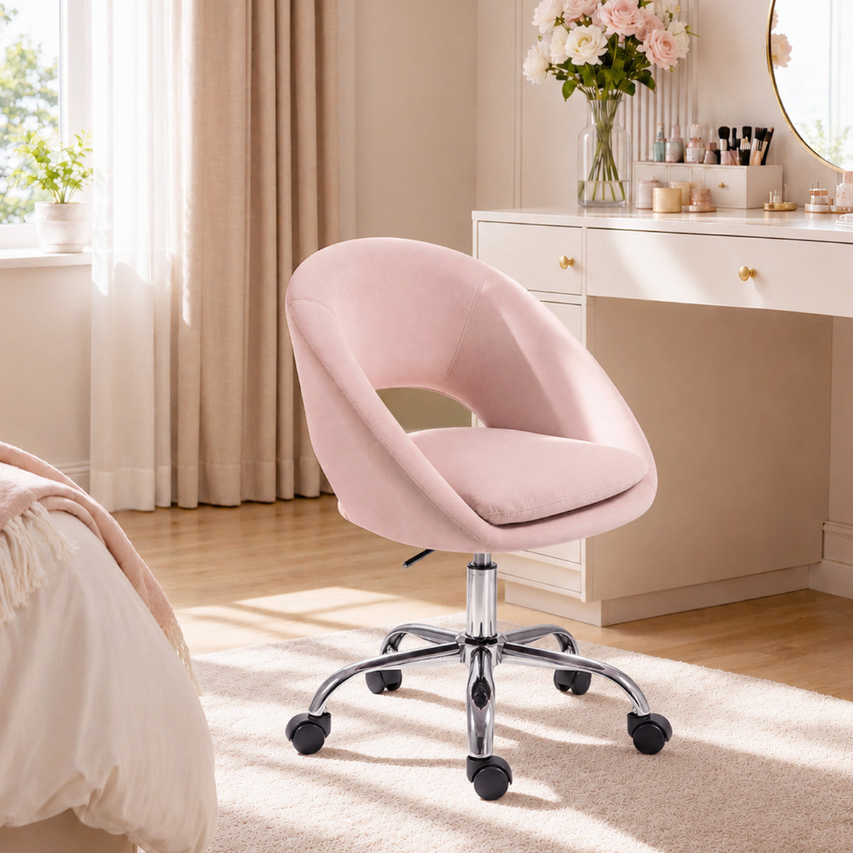 Velvet Desk Chair with Arms, Pink