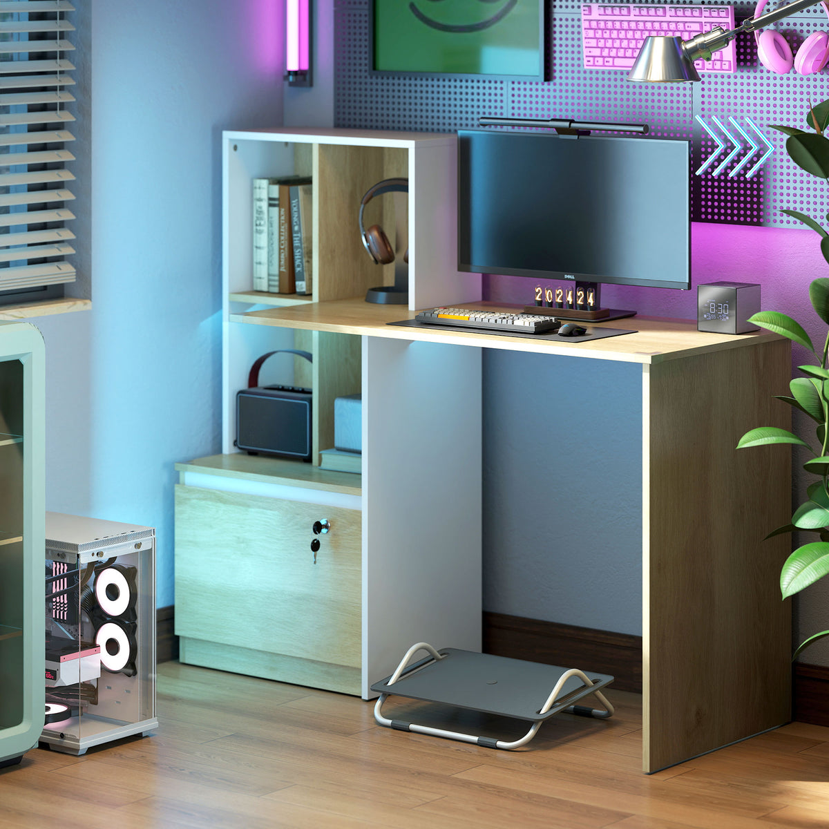 Computer Desk with Bookcase & Lockable Drawer