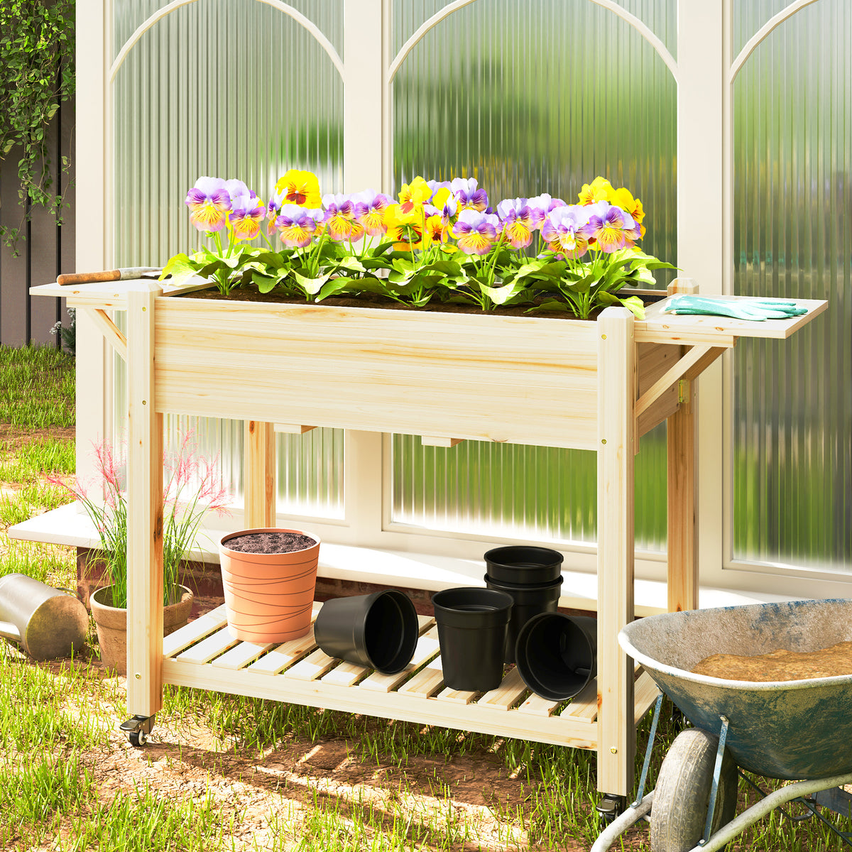 Raised Wooden Planter with Shelves