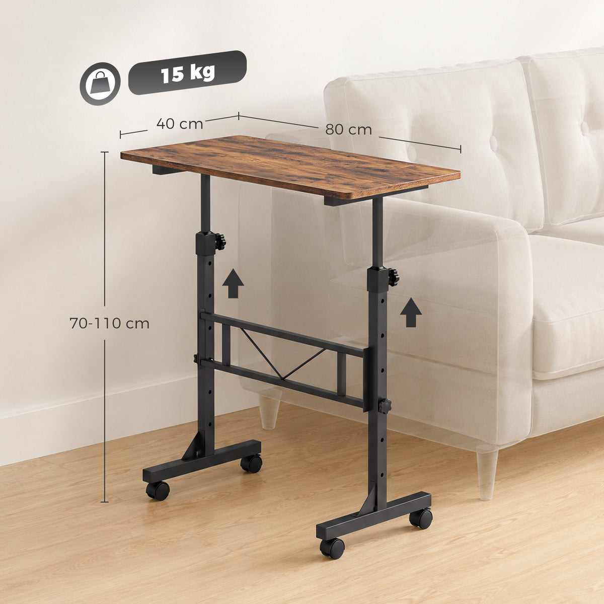 Height-adjustable desk on wheels