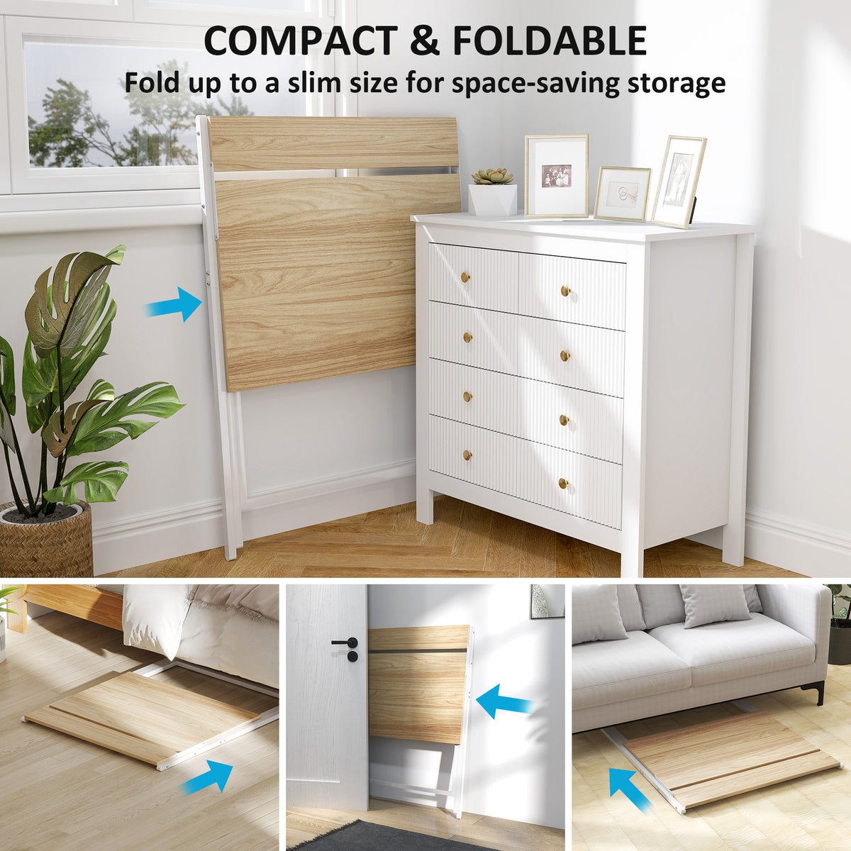 Folding computer desk with monitor shelf, natural wood