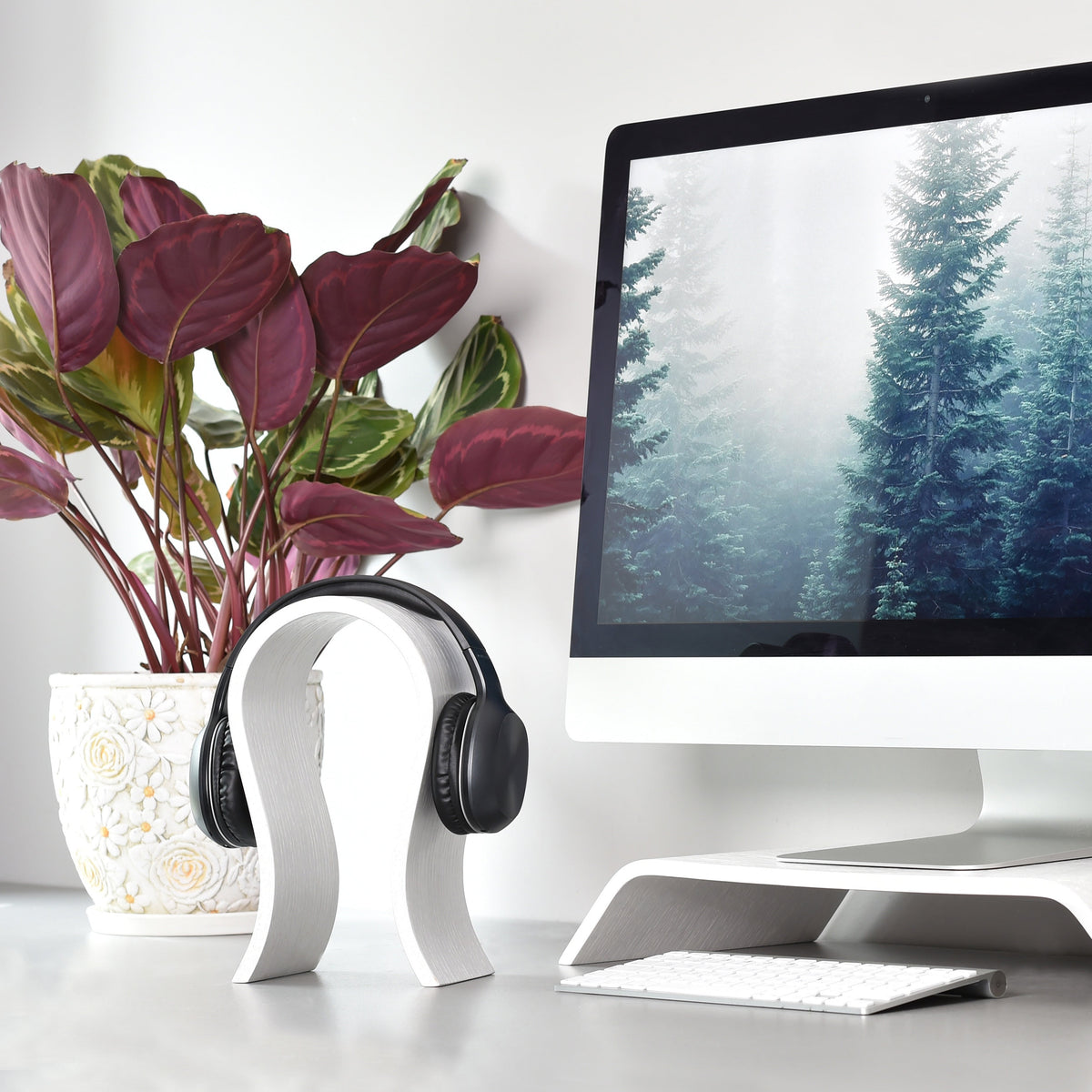 Curved walnut wooden headphone stand holding headphones
