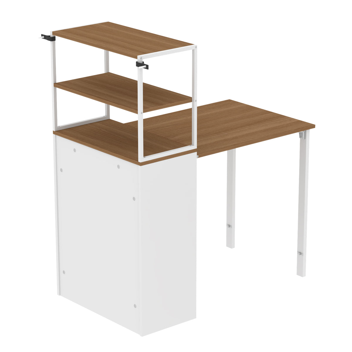 Fold-away desk with 4 shelves, natural wood and white