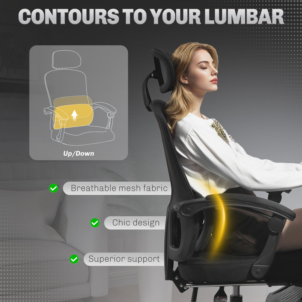 Black reclining mesh office chair with lumbar support and footrest