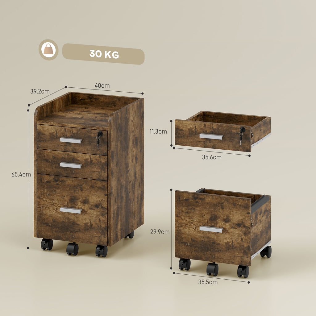 3-Drawer Wooden Filing Cabinet, Rustic Brown