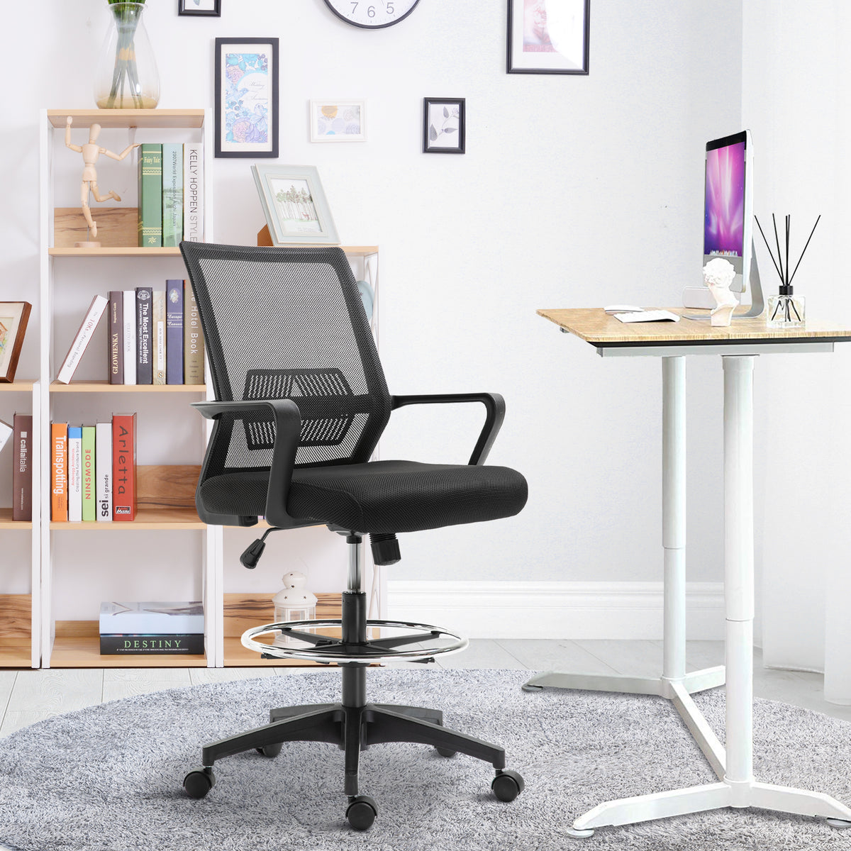 Black draughtsman chair with footrest