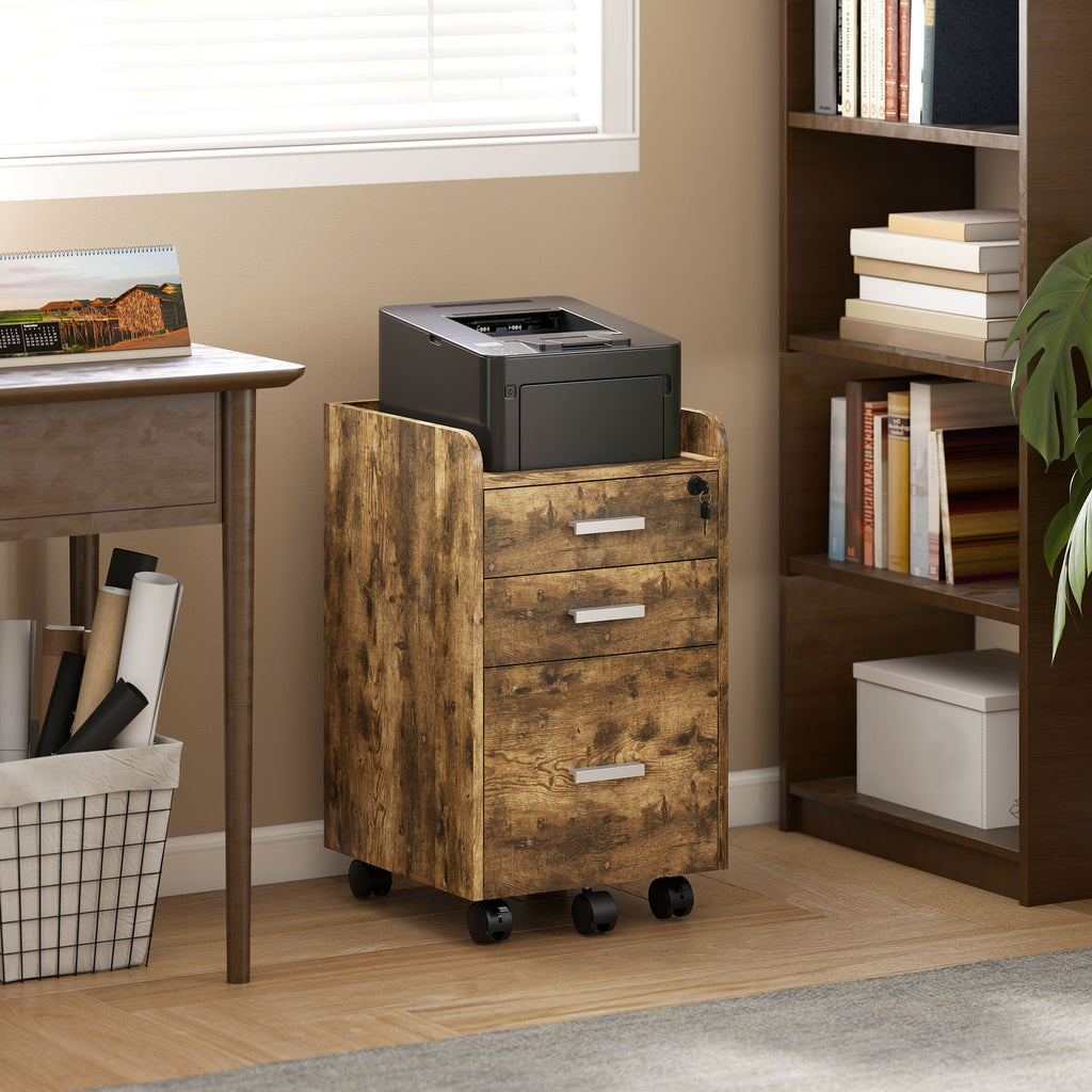 3-Drawer Wooden Filing Cabinet, Rustic Brown