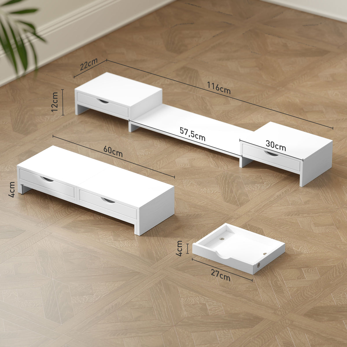 White extendable monitor riser with 2 drawers