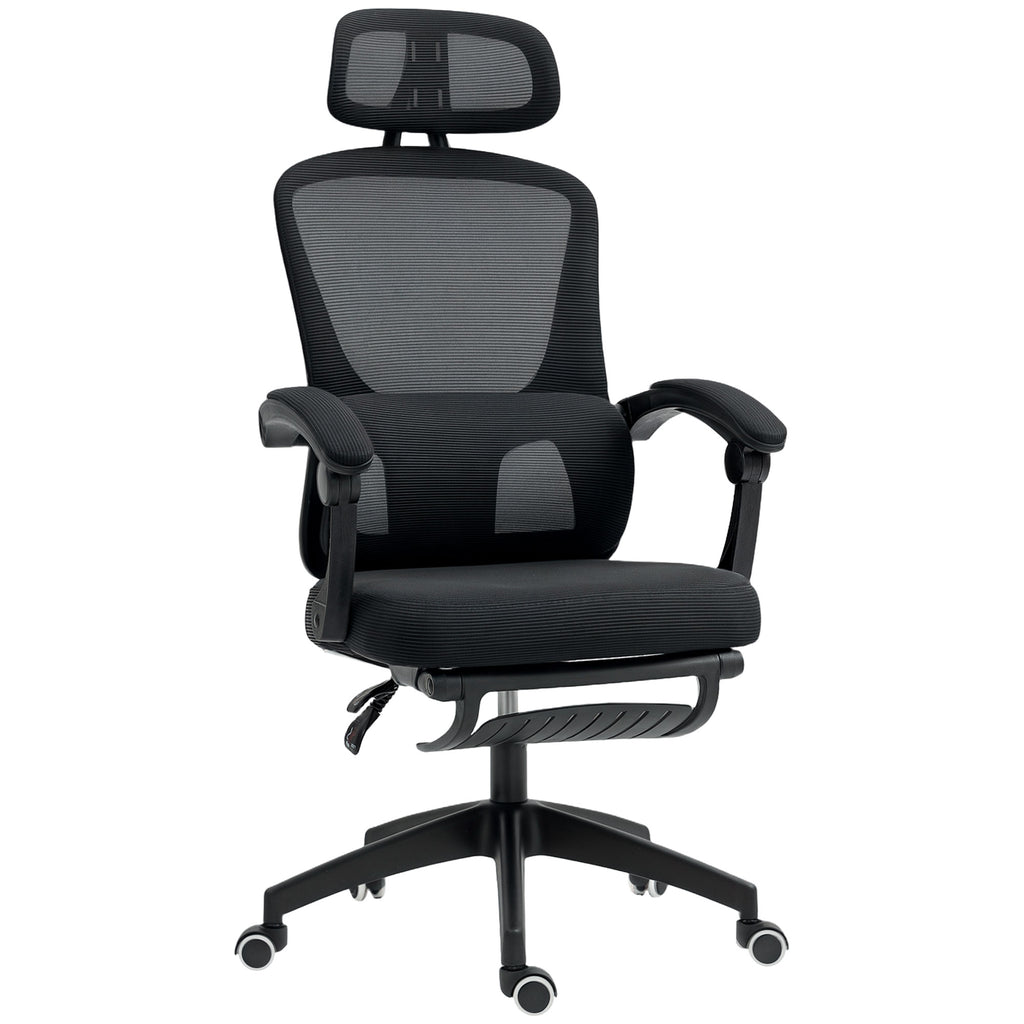 Black reclining mesh office chair with lumbar support and footrest