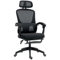 Black reclining mesh office chair with lumbar support and footrest