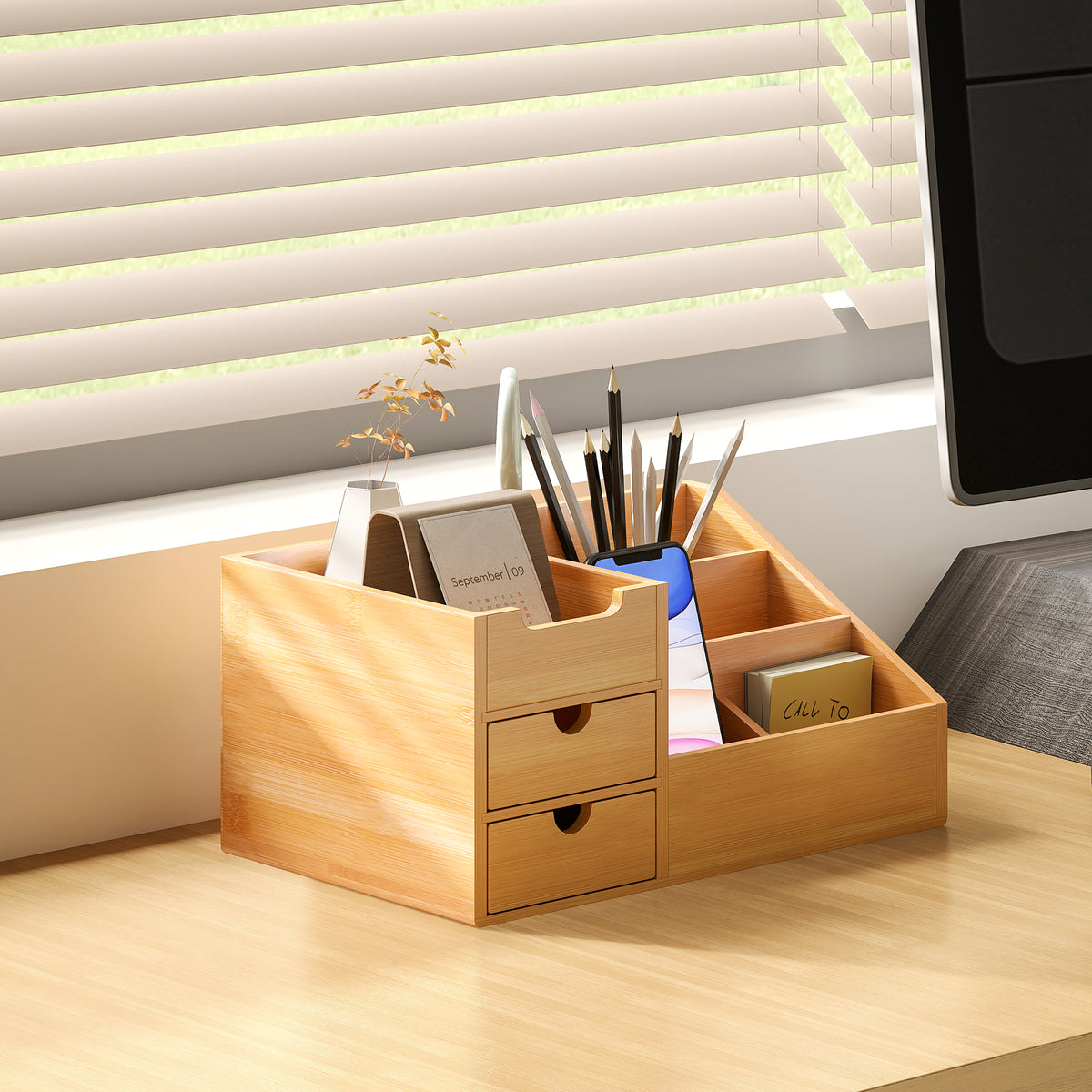 Bamboo Desk Organiser with 7 Compartments & 2 Drawers | Natural