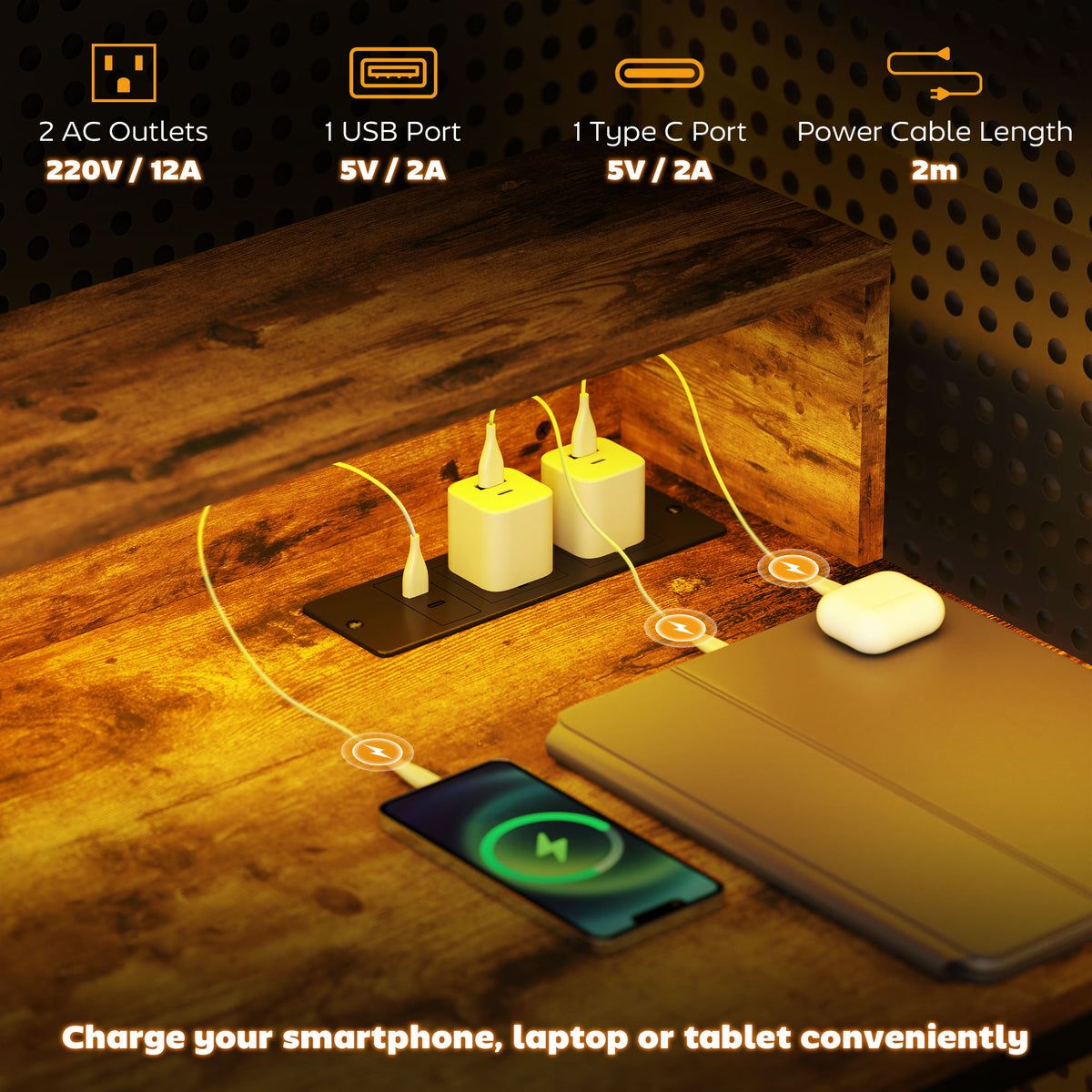 LED Computer Desk with Power Outlets
