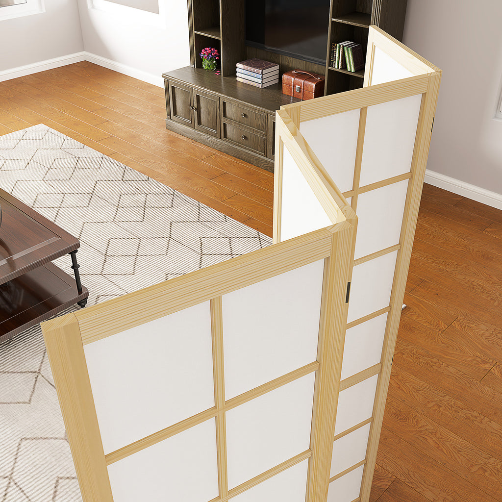 Natural wood and white fabric 4-panel room divider