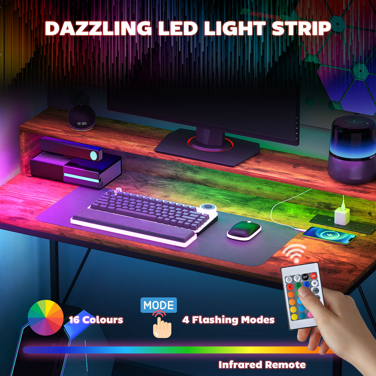 LED Computer Desk with Power Outlets