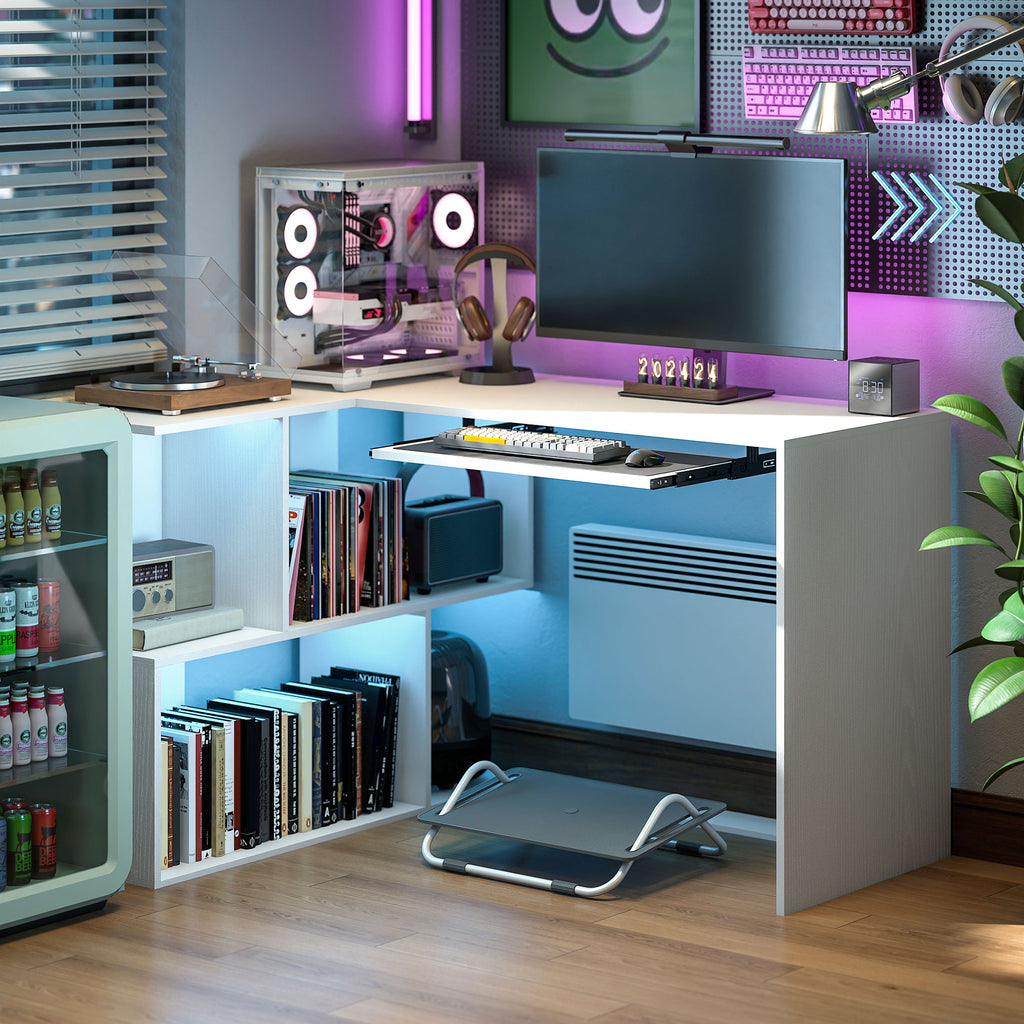 White L-shaped corner desk with shelves and keyboard tray, photo 6