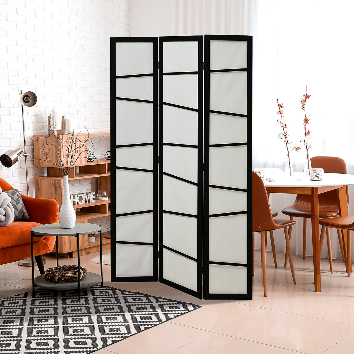 3-panel wooden room divider with rice paper panels
