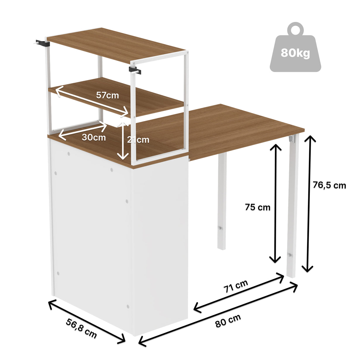 Fold-away desk with 4 shelves, natural wood and white