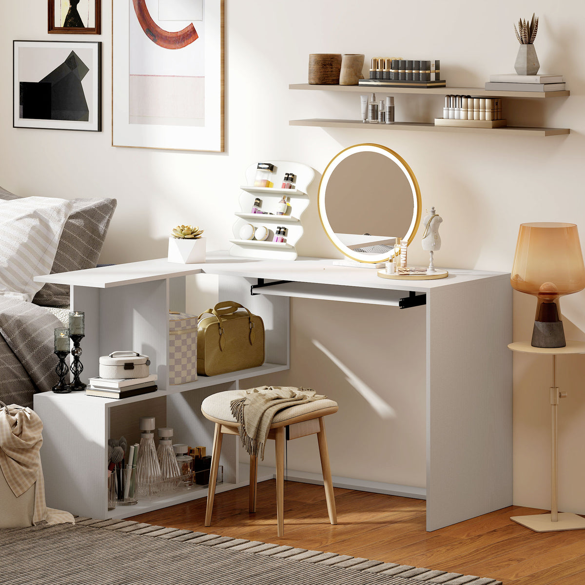White L-shaped corner desk with shelves and keyboard tray, photo 5