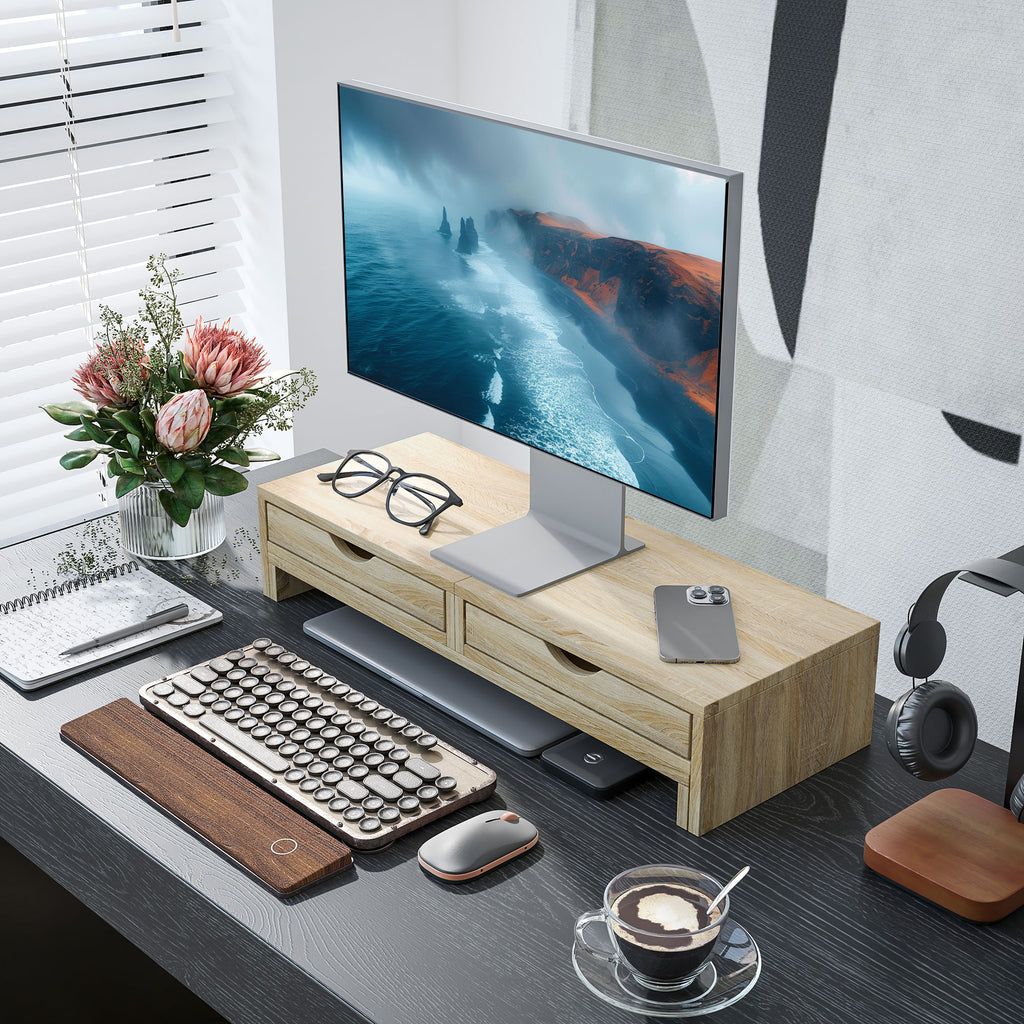 Extendable monitor riser with drawers, oak effect - view 2