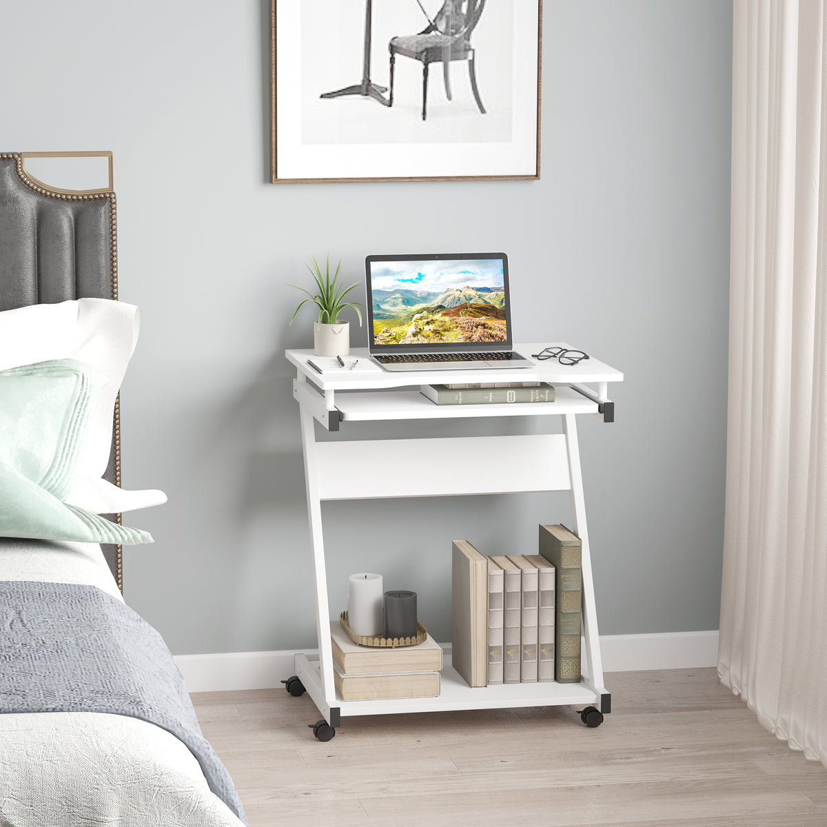 Mobile computer desk on wheels with keyboard tray