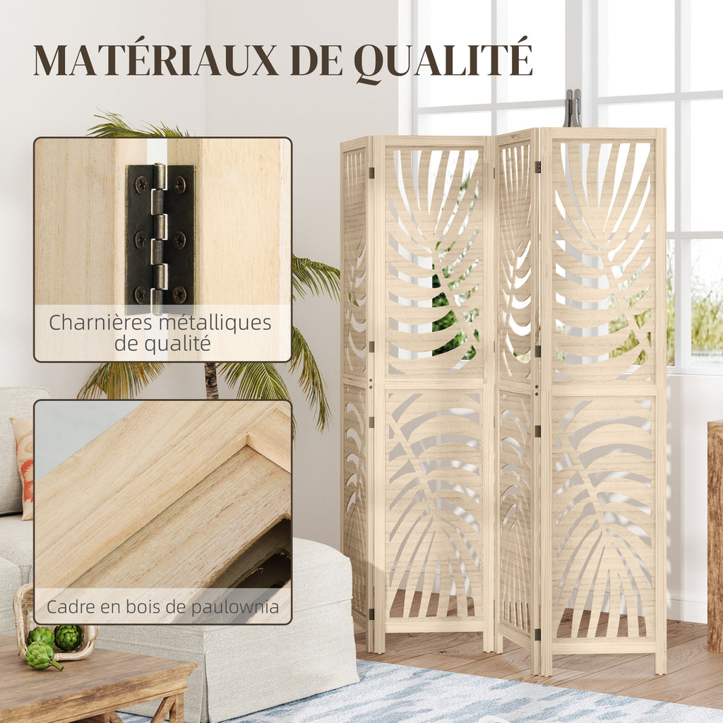 Wooden 4-panel room divider with leaf pattern