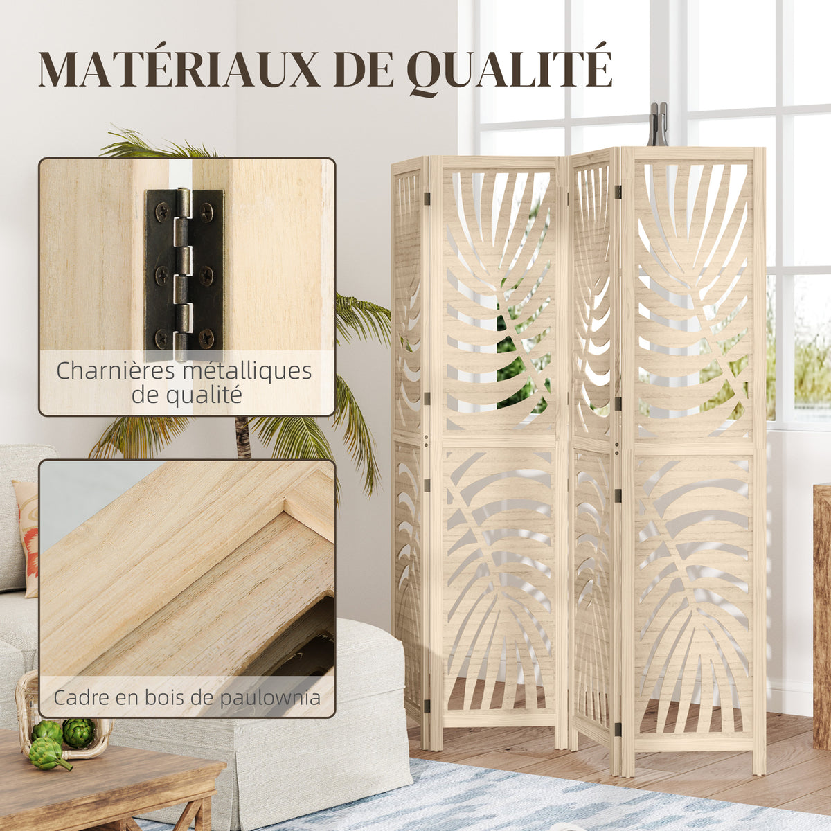 Wooden 4-panel room divider with leaf pattern