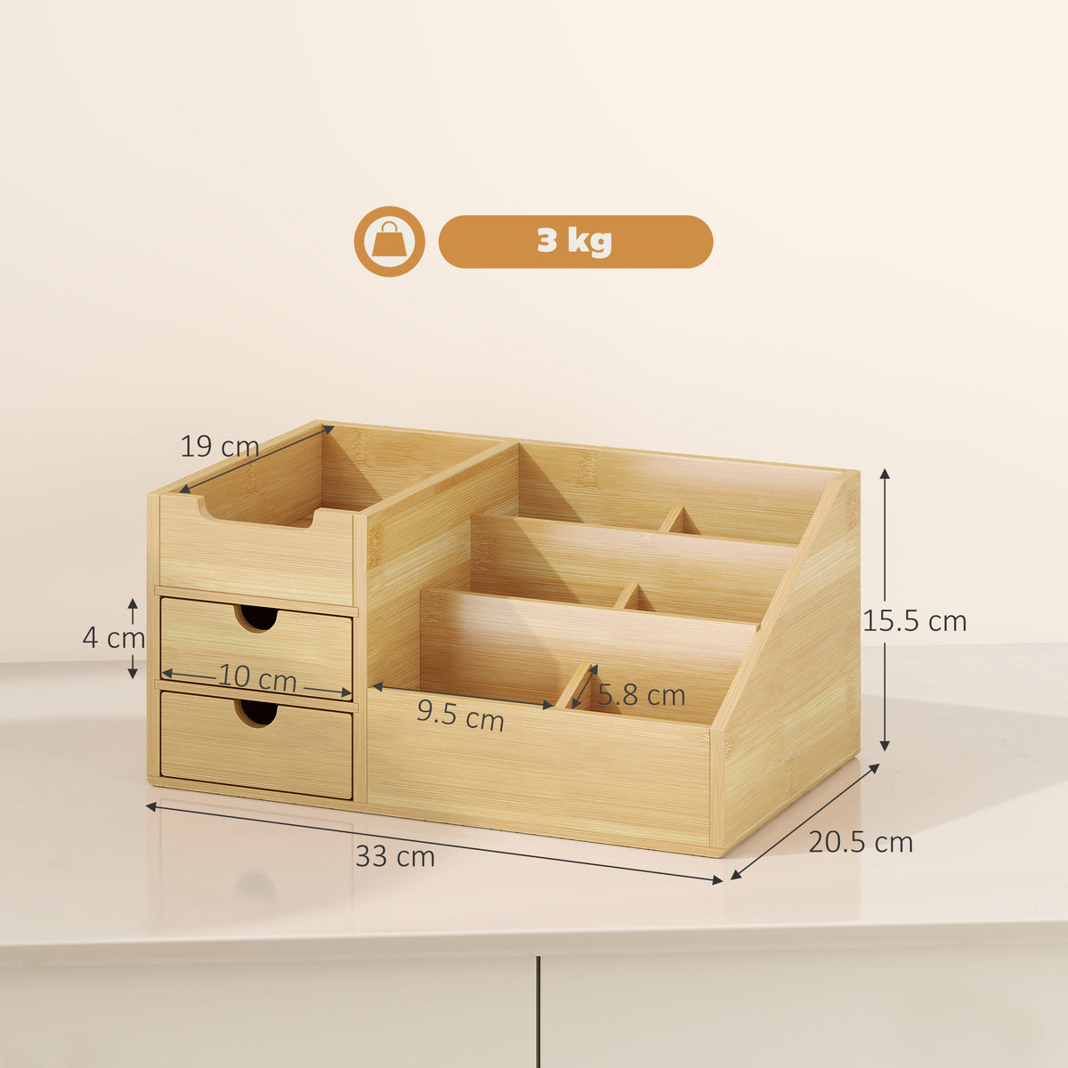 Bamboo desk organiser drawers open