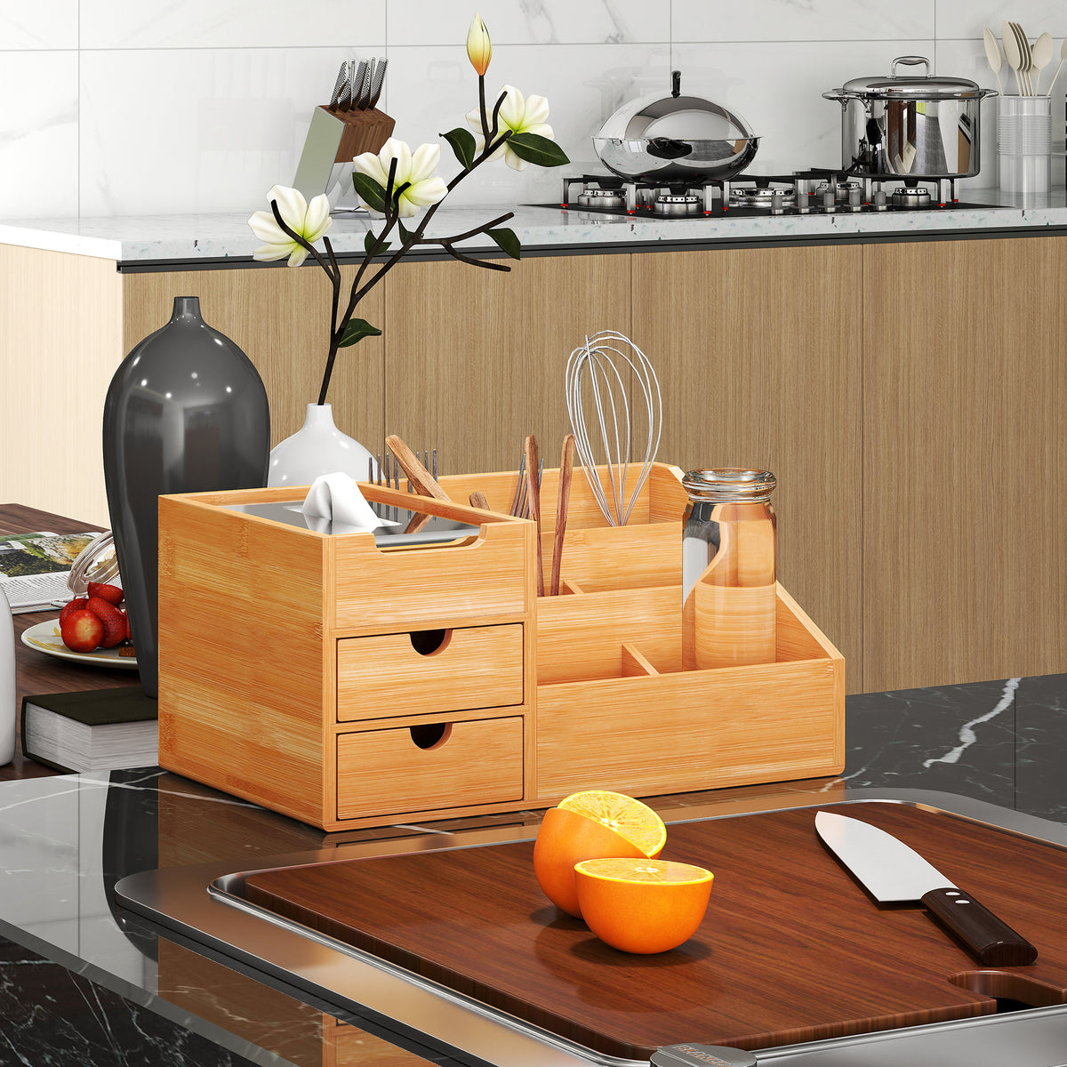 Bamboo desk organiser with 7 compartments and 2 drawers