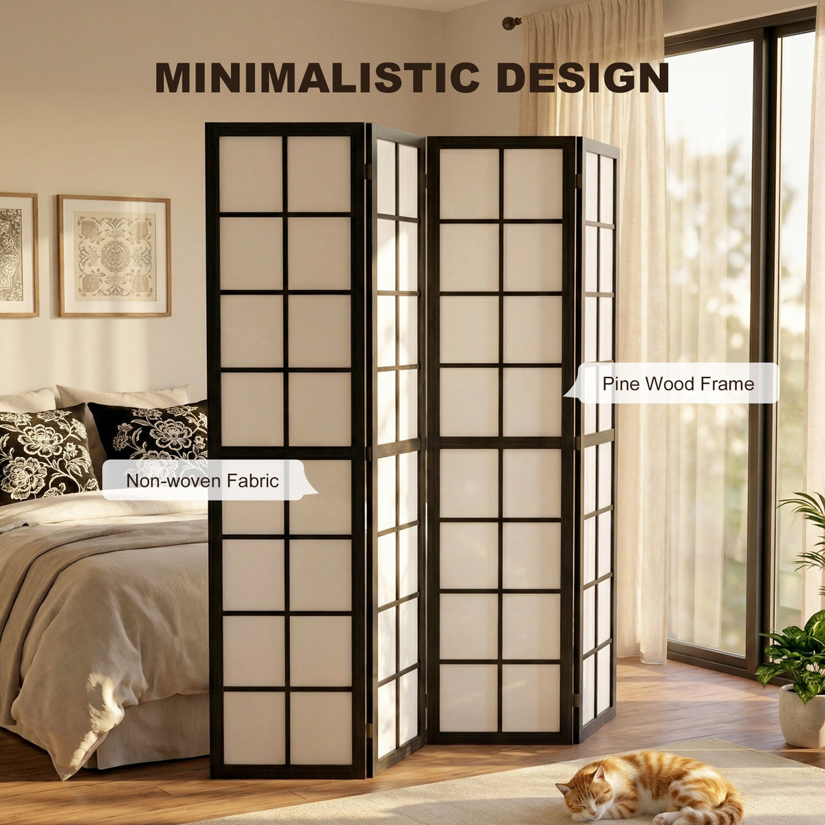Black 4-panel grid room divider