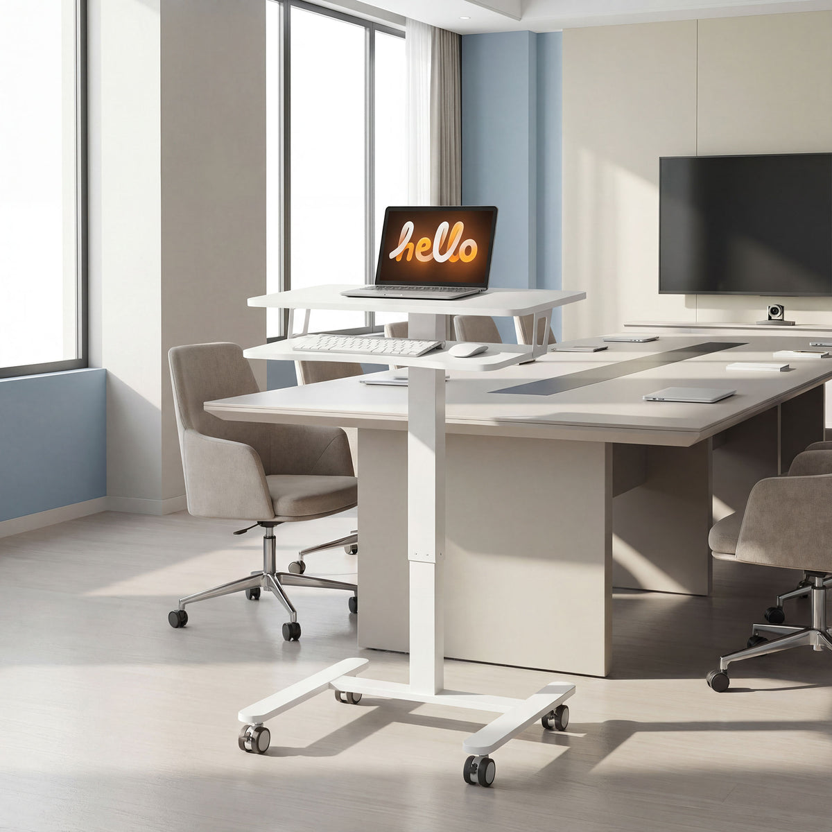 Mobile sit-stand desk with keyboard tray, 65cm, white