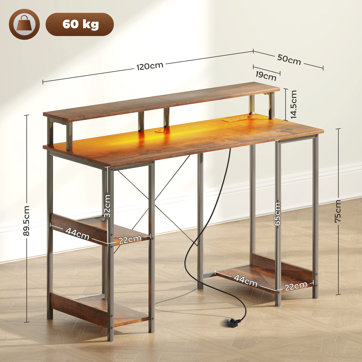 LED Computer Desk with UK Sockets