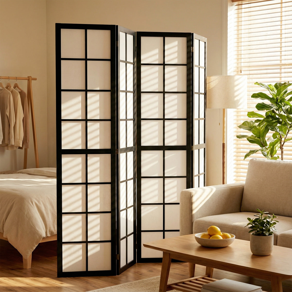 Black 4-panel grid room divider