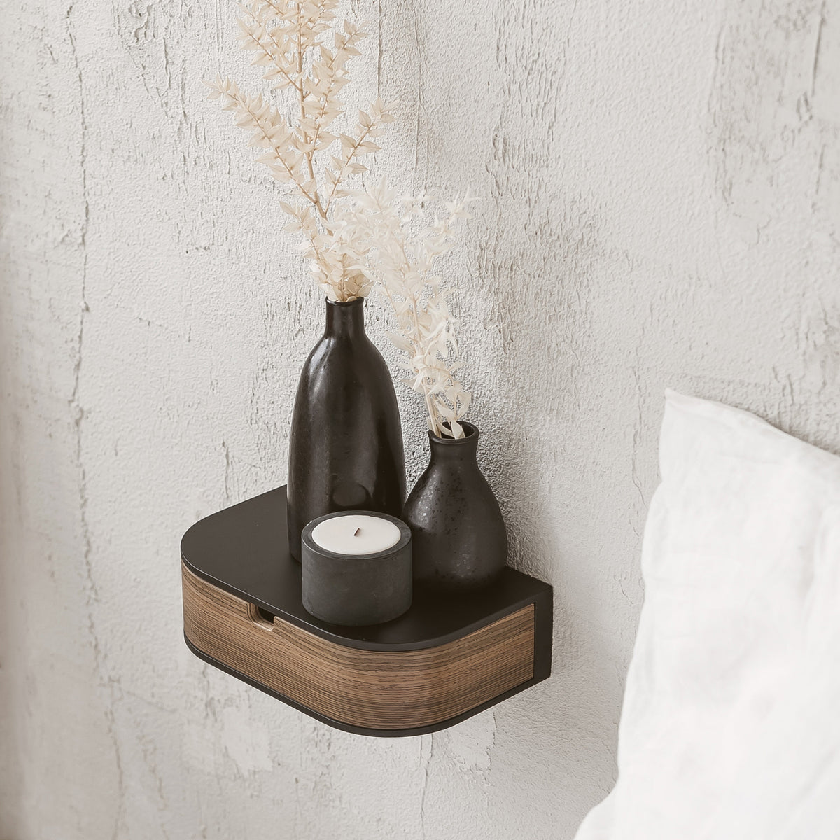 Floating shelf with drawer, walnut and black