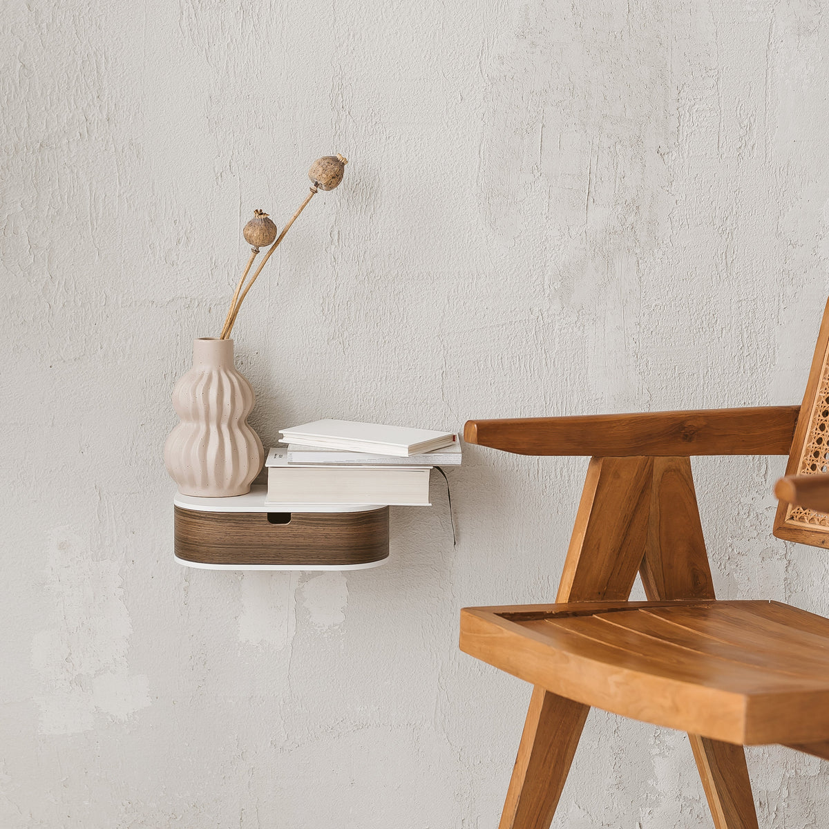 Floating shelf with drawer, walnut and white - view 2