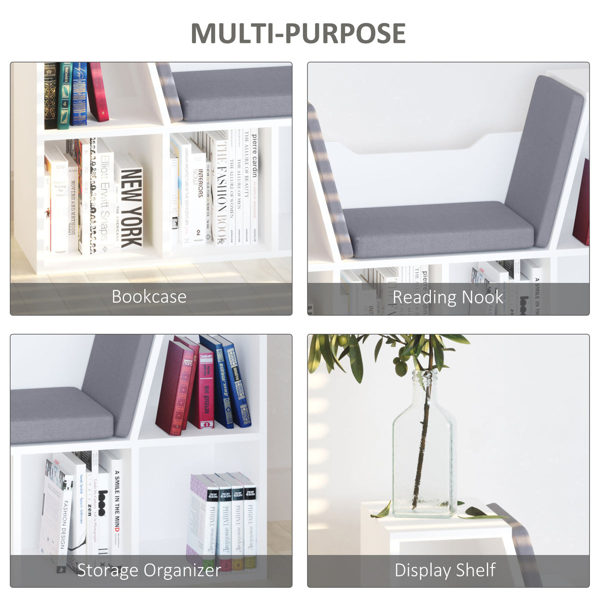 White bookcase with cushioned reading seat