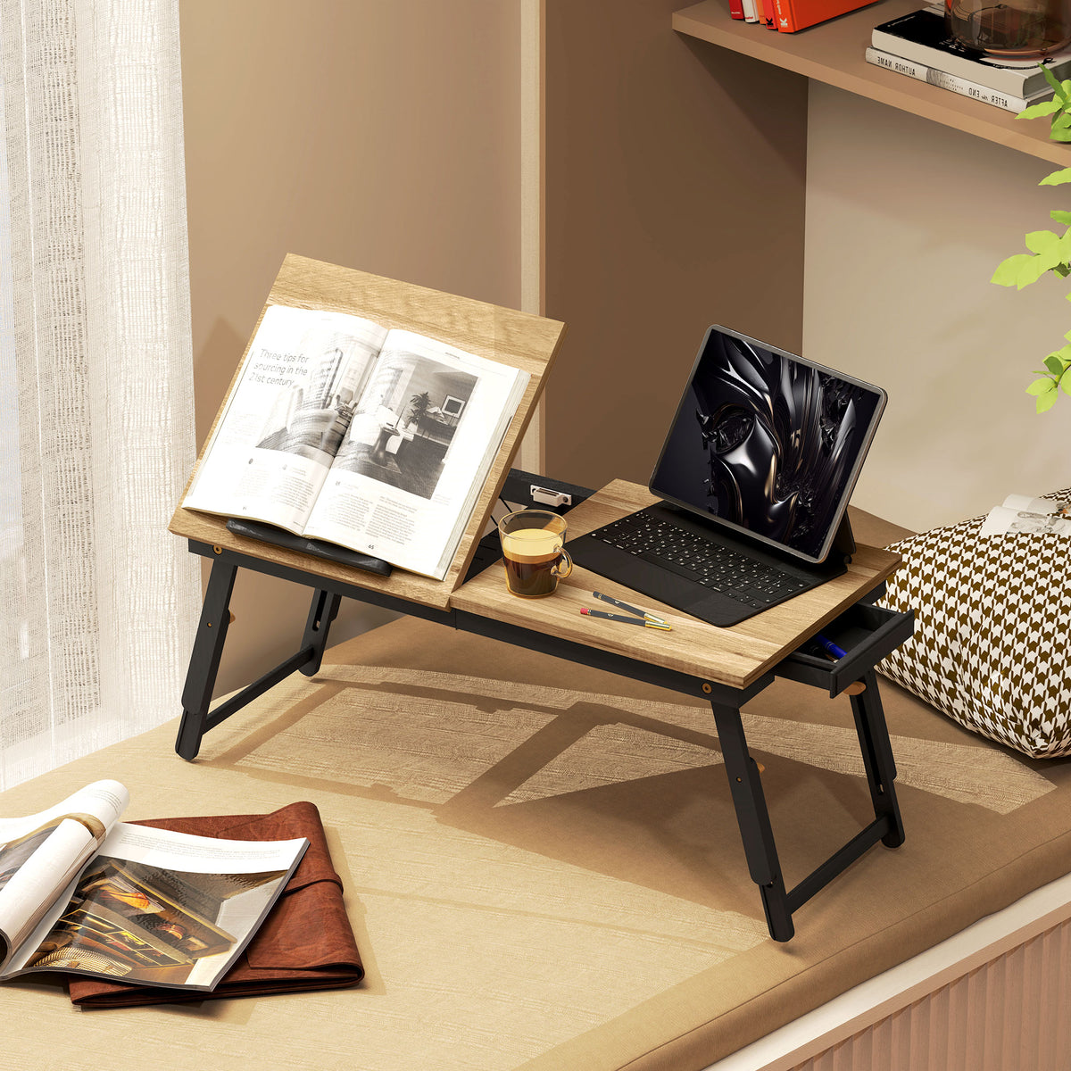 Premium Adjustable Bamboo Laptop Bed Tray Table | Oak-1
