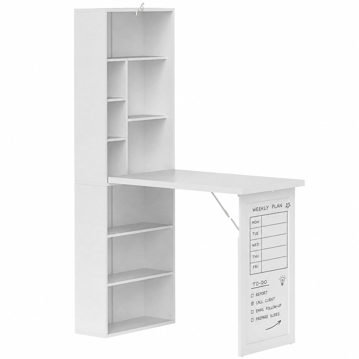Fold-away desk with bookcase and whiteboard, 98cm, white