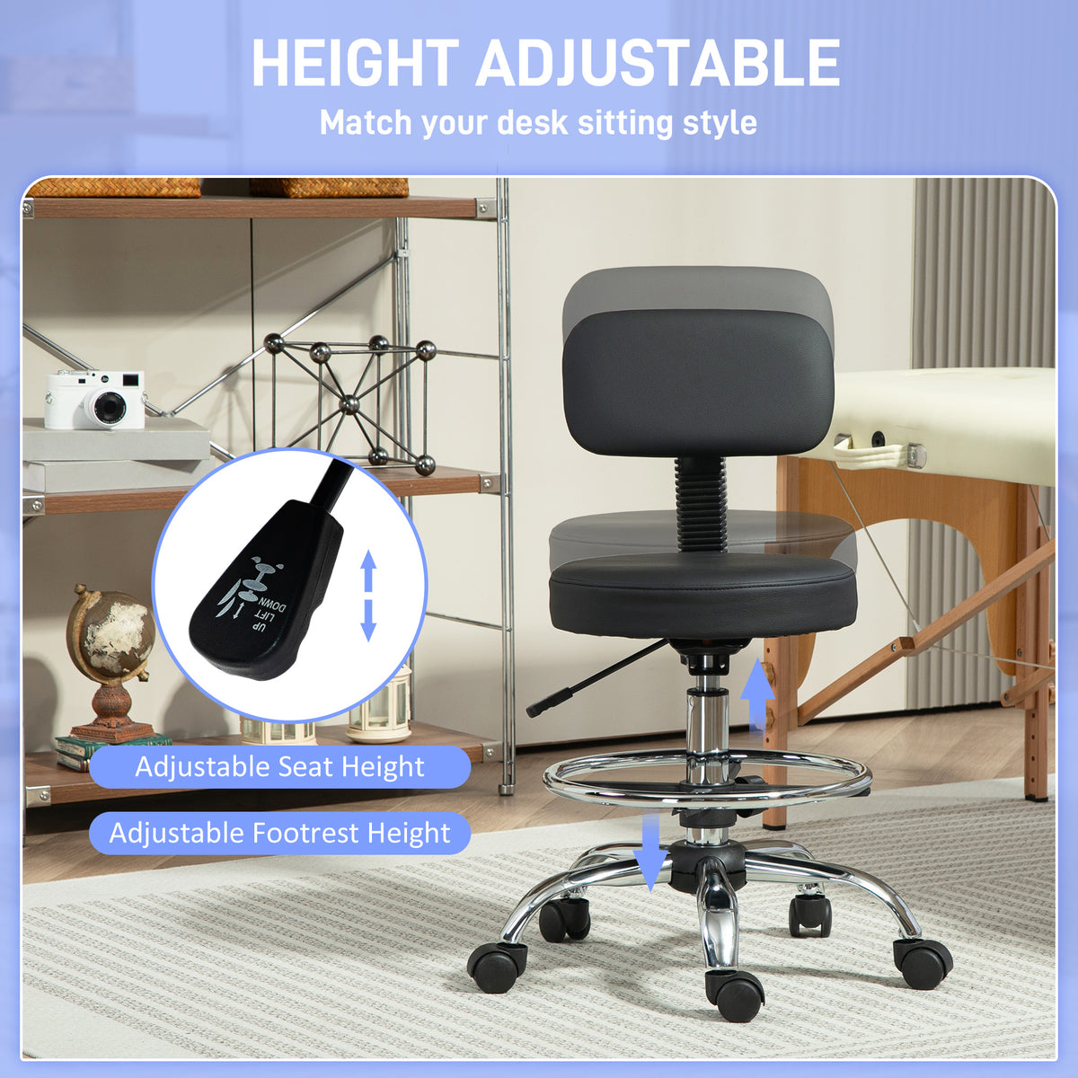 Black draughtsman stool with backrest and footrest