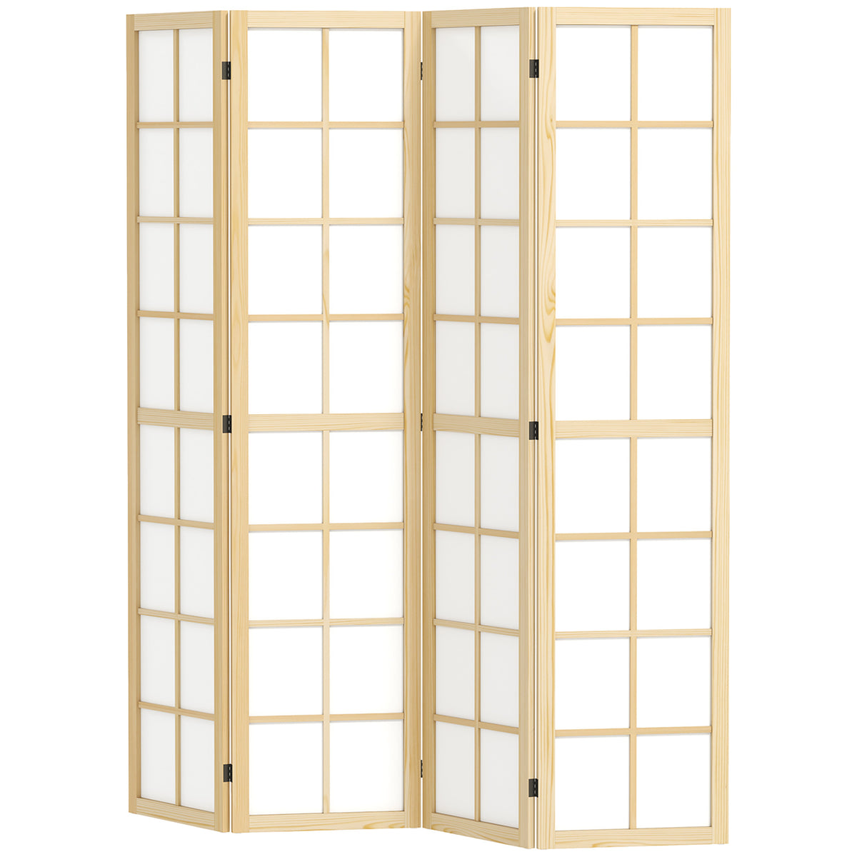 Natural wood and white fabric 4-panel room divider