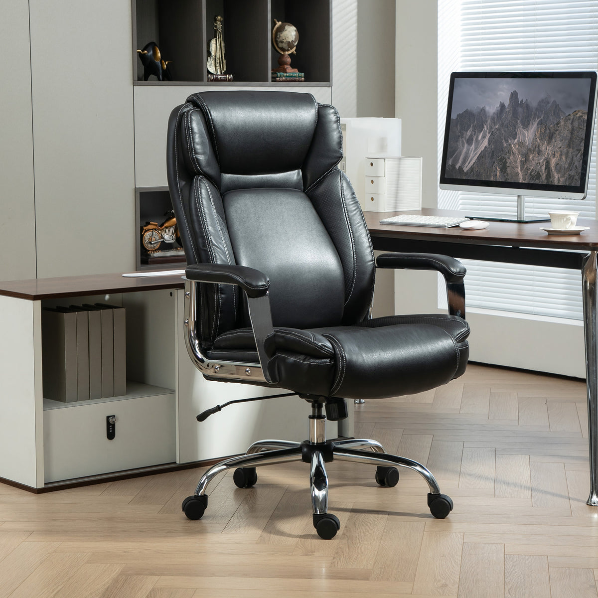 Heavy duty black faux leather office chair with headrest