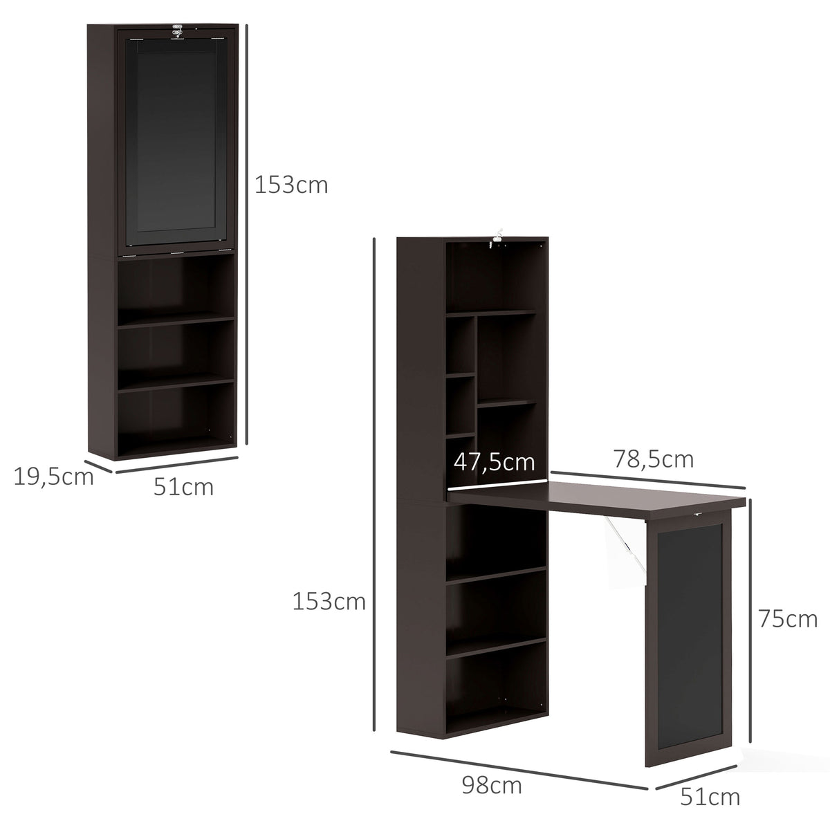 Fold-away desk with bookcase and chalkboard, 98cm, brown and black
