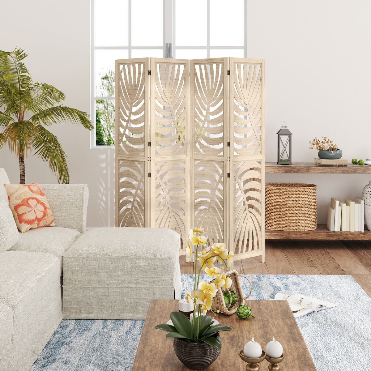 Wooden 4-panel room divider with leaf pattern