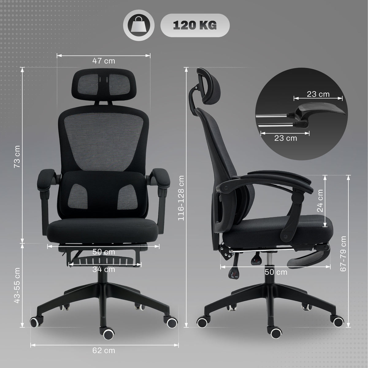 Black reclining mesh office chair with lumbar support and footrest