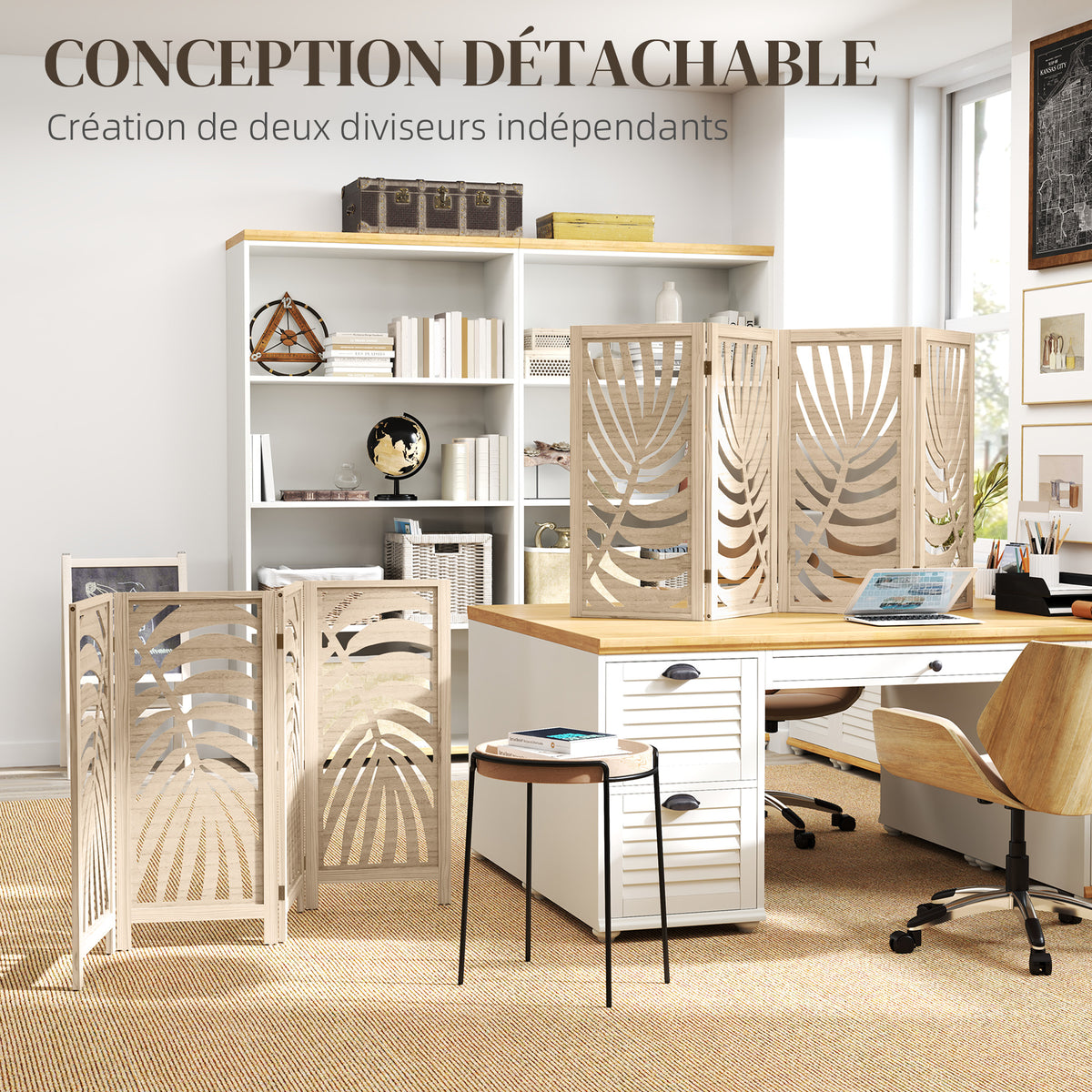 Wooden 4-panel room divider with leaf pattern