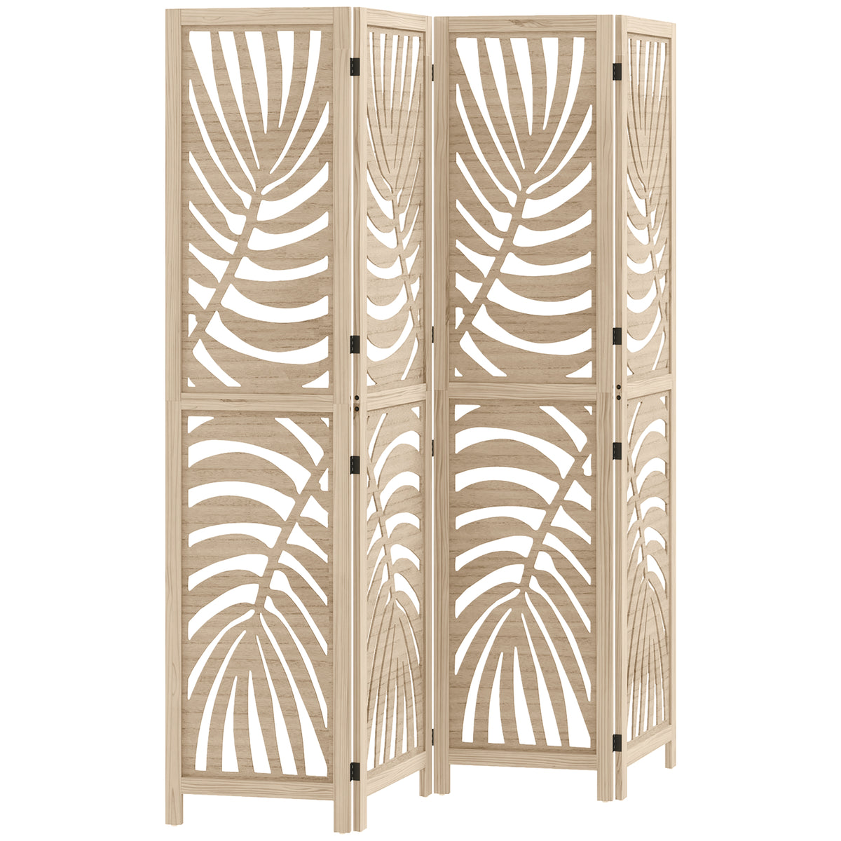 Wooden 4-panel room divider with leaf pattern