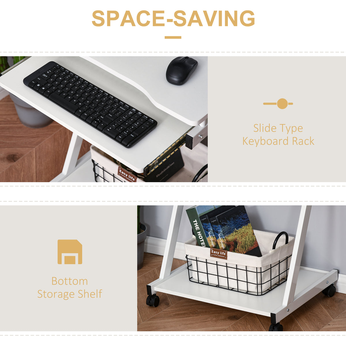Mobile computer desk on wheels with keyboard tray