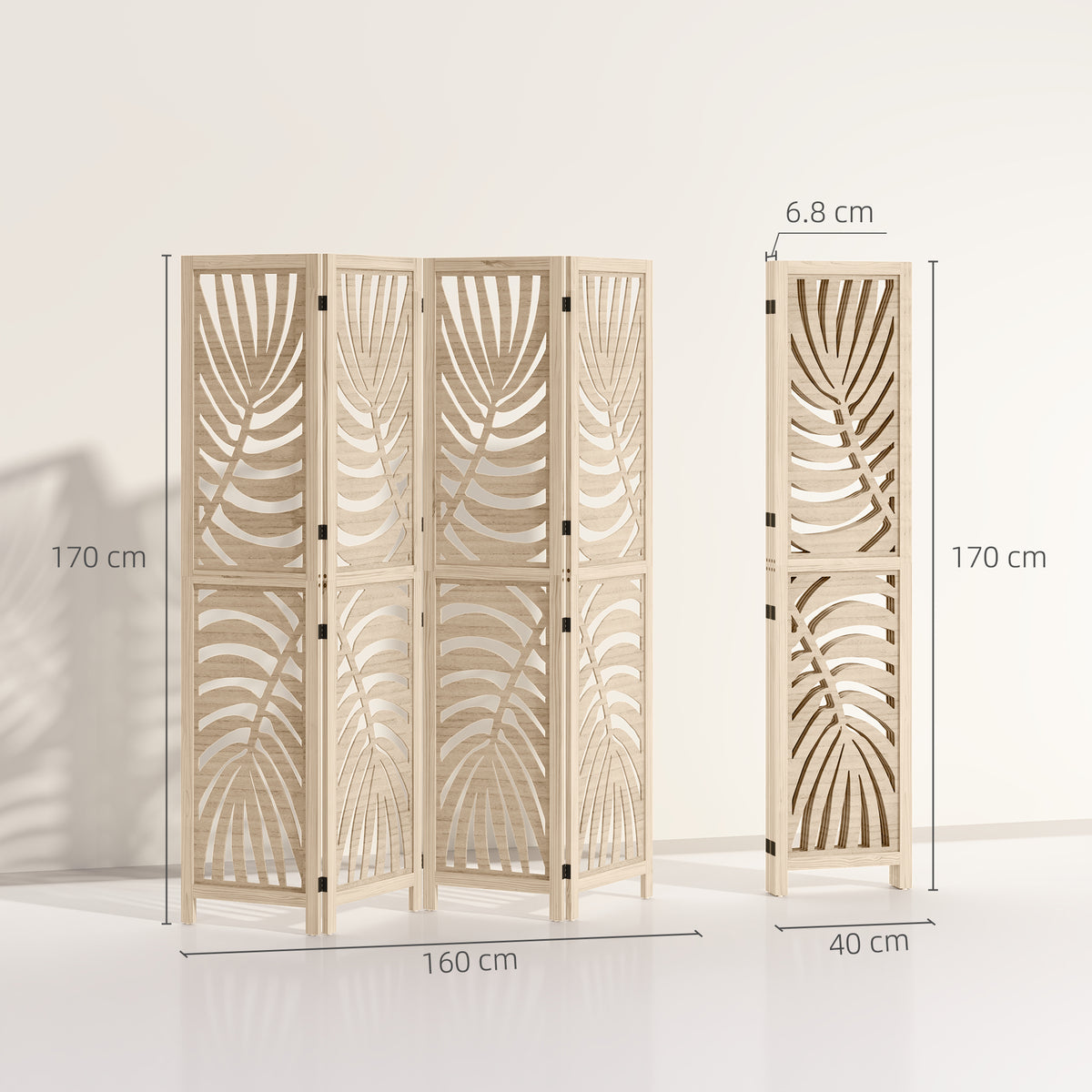 Wooden 4-panel room divider with leaf pattern
