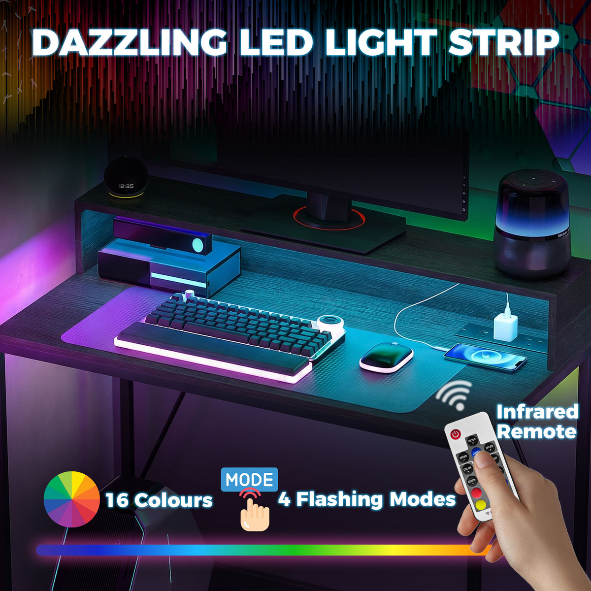 LED Computer Desk with Power Outlets