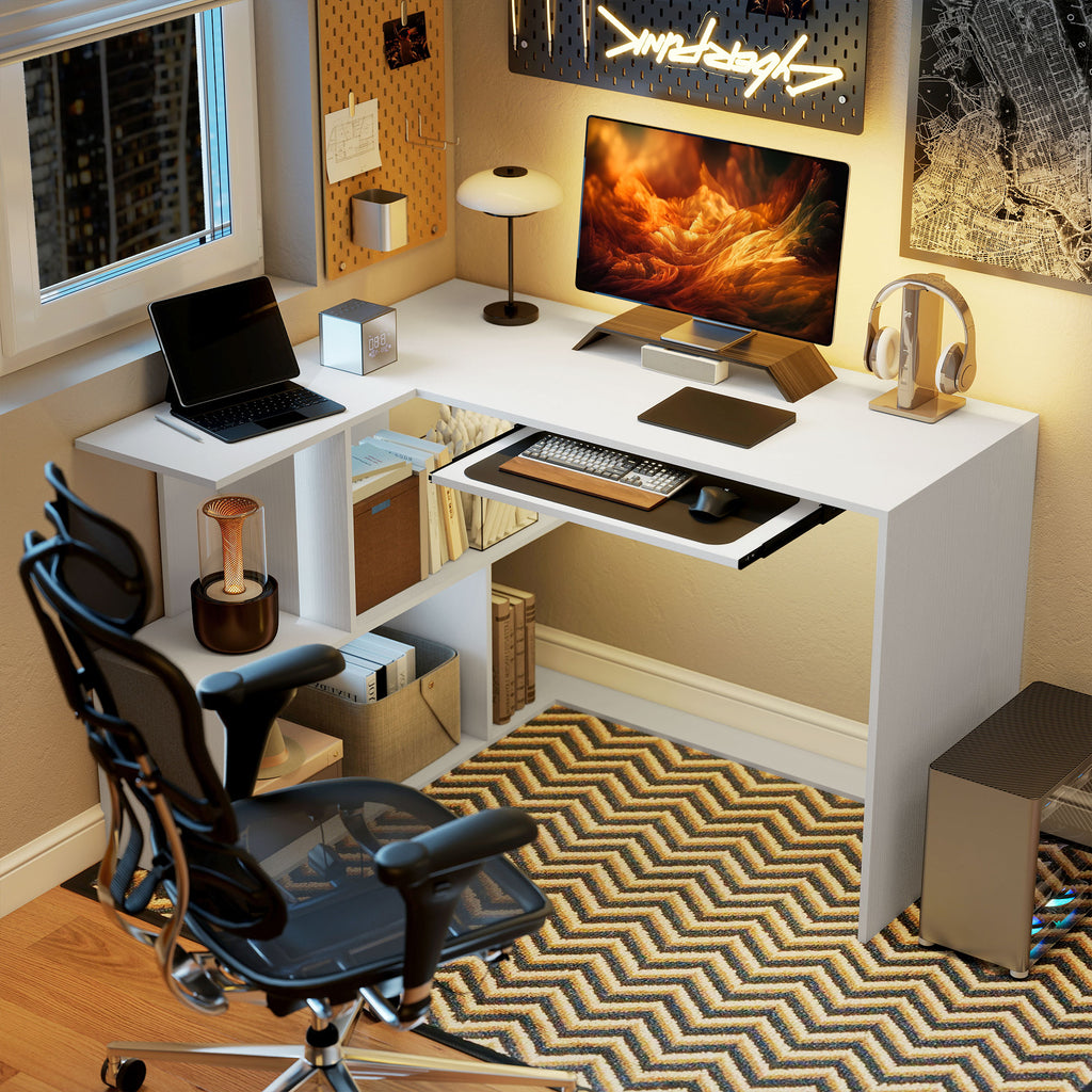 White L-shaped corner desk with shelves and keyboard tray, photo 2